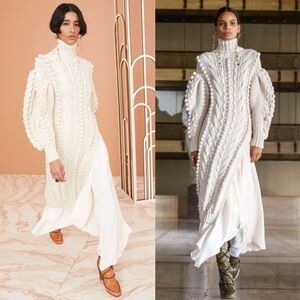 Ulla Johnson Frida Cable Knit Wool Turtleneck Tunic Sweater Plaster Cream
